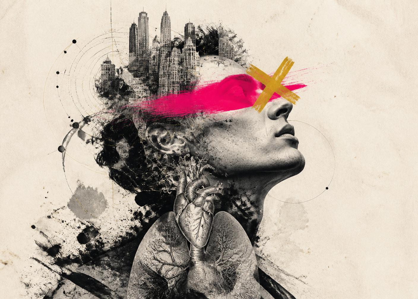 Collage of a human figure with heart, lungs and orbits — intelligence beyond the brain
