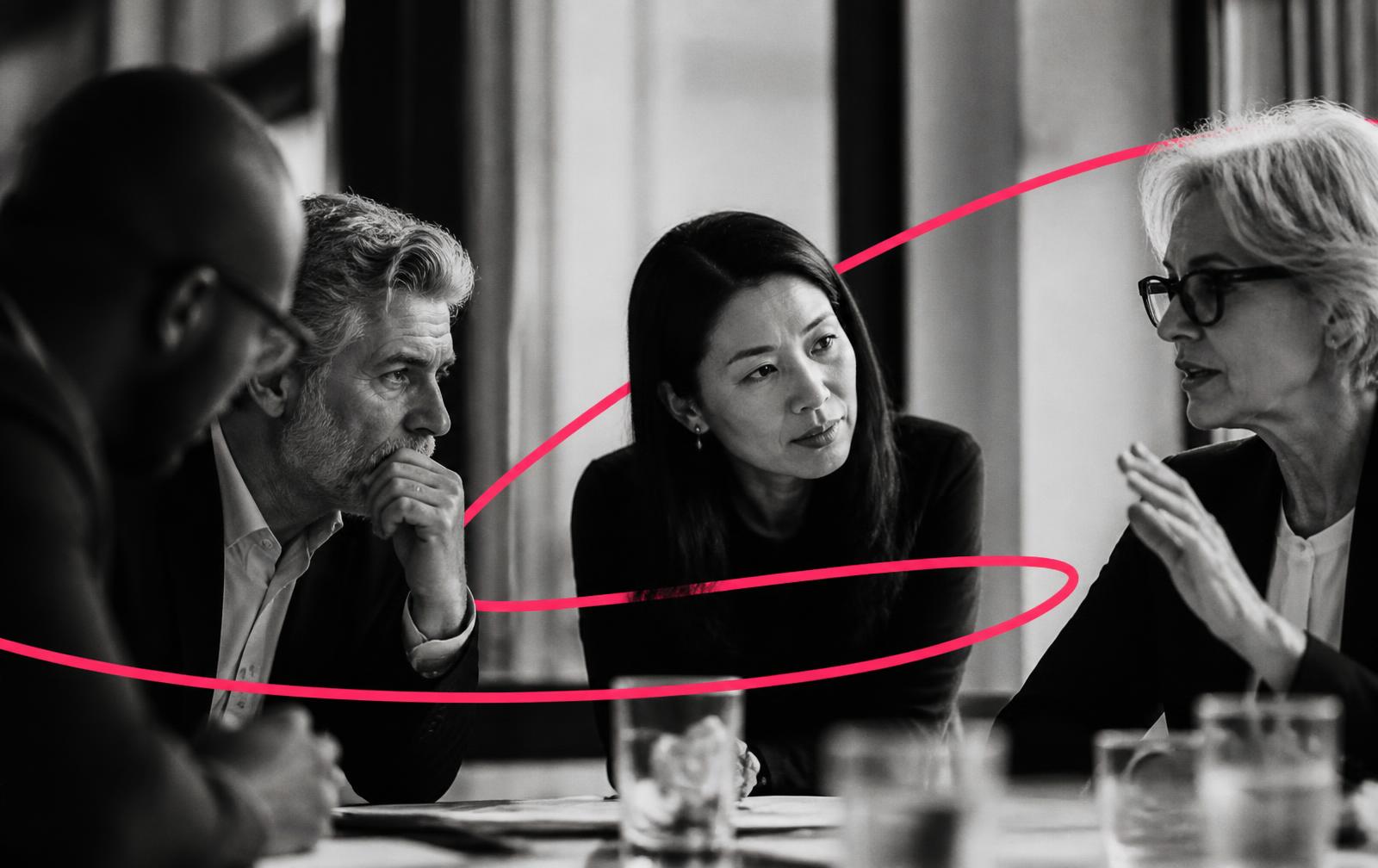 Leaders in close conversation, black and white editorial photography